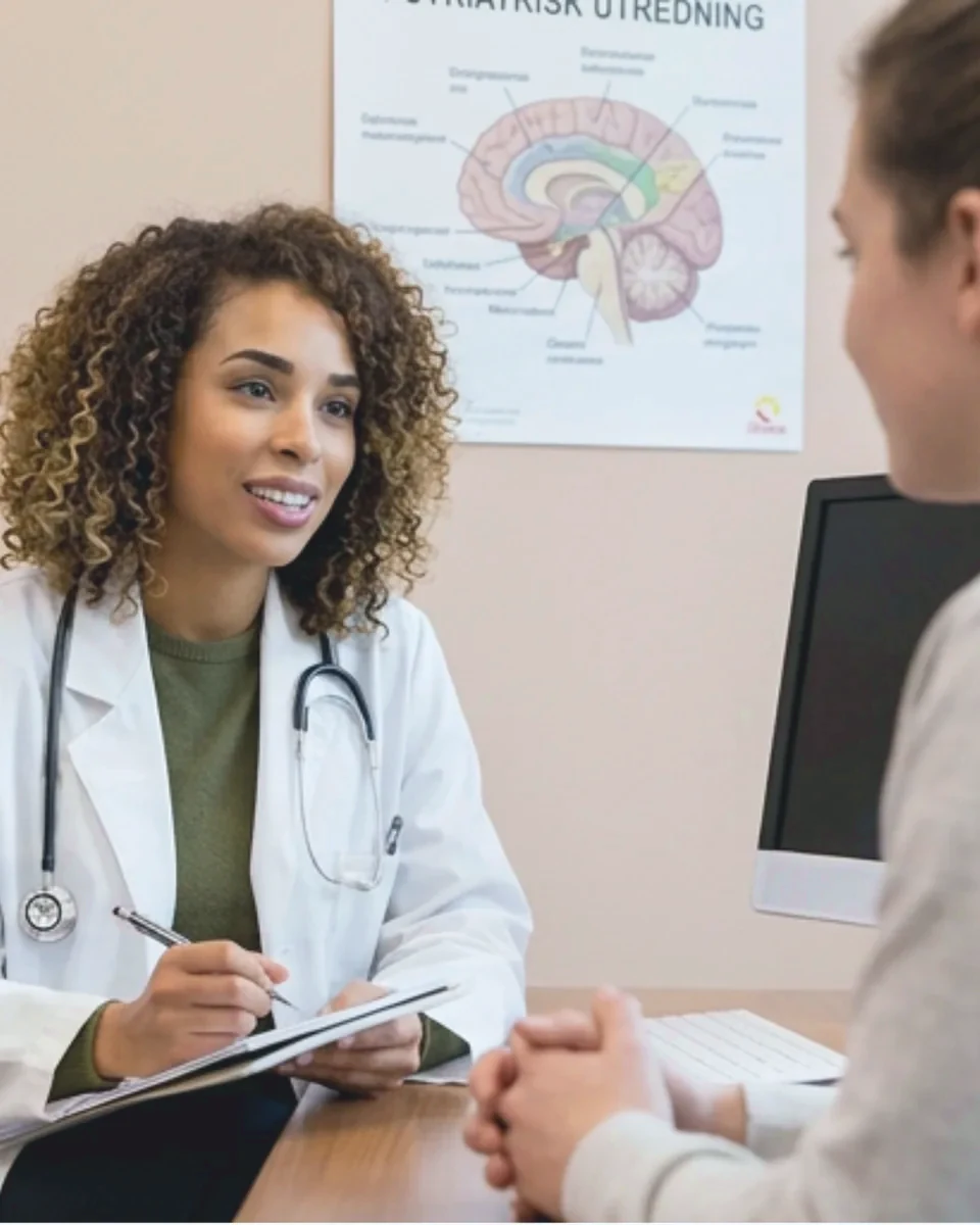 A clinician listening to a patient during a follow-up visit